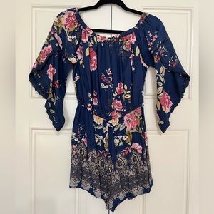 NWT Angie (Francesca’s) Off the Shoulder Blue Floral Romper